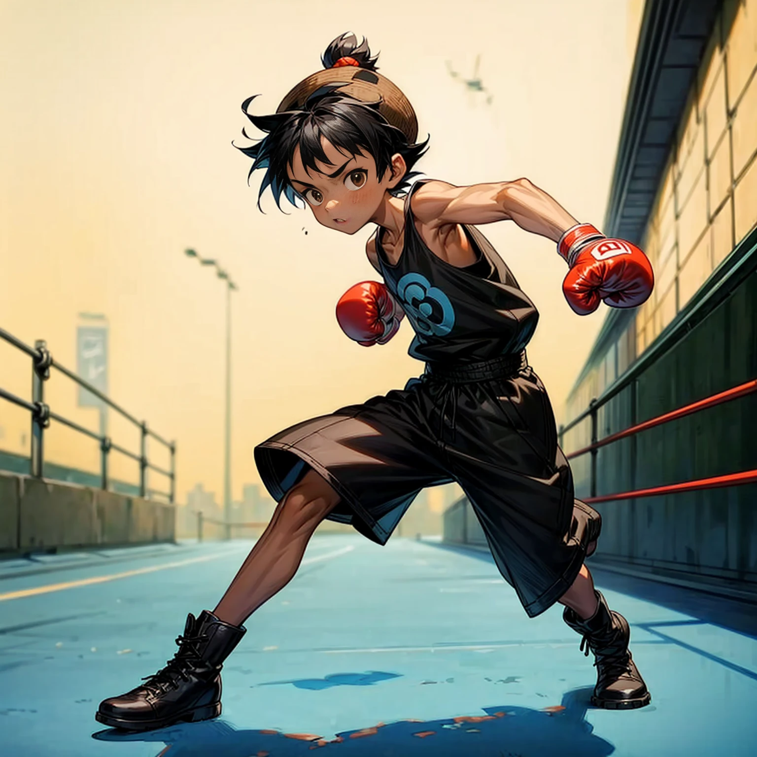 1**********, Full body version, 1character, brown eyes color, tan skin, bowl hairstyle, black colour hair, streetwear style clothing, boots, blue hat, Grassroots background in city, motion blur, (one piece style art), shadow, no weapon, boxing gloves, boxing