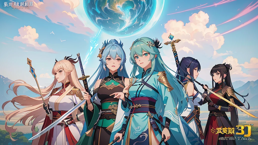 Poster close-up:A group of women holding swords, Kushat krenz key art feminine, Popular on cgstation, 2. 5D CGI anime fantasy artwork, Genshin Impact, Game CG, Official Art, pixiv 3dcg, by Qu Leilei, Official Artwork, Kushat, Anime Cover, xianxia hero, Official concept art