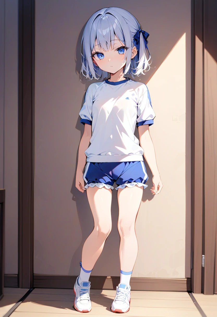 masterpiece, high quality, Nothing, Small breasts, One Girl, Are standing, Temporarily stop, Temporarily stop,  Gym suit, Bloomersショーツ, Bloomers,  whole body, shirt,  blue eyes