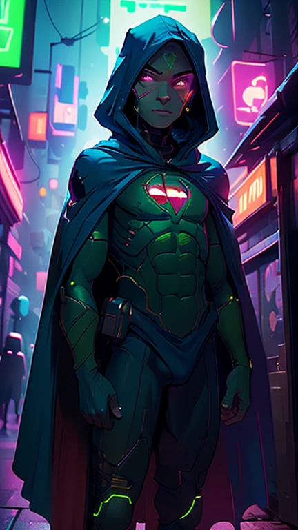 best quality,masterpiece,1boy,solo,(((ars old)green alien boy,an extremely cute and handsome boy,highly detailed beautiful face and eyes,petit,cute face,lovely face,baby face,green skin,shy smile,show teeth, no hair,bald,flat chest,skinny,slender,(((wearing a Martian manhunter costume,blue cape))),(((standing in Dark Midnight Neon Glow light Cyberpunk metropolis city))),he is looking at the viewer,