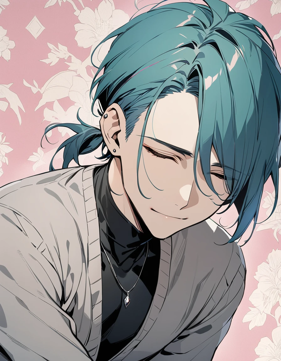 ((((best masterpiece, best quality, wallpaper,)))) solo, guy, male body, small muscles, flat chest, 1male, 30 years old, handsome man, upper body, looking at viewers, beautiful detailed, seductive smile, mediumturquoise hair, ((((Lower short ponytail)))), asymmetrical bangs, ((short hair,)) (((light smile, closed eyes, tareme, droopy eyes,))) (((perfect face,))) perfect hands, sharp nose, clear face, black turtleneck, grey cardigan, ((silver piercing, pendant,)) leggings, pink background color ultrasharp, 8K, masterpiece,