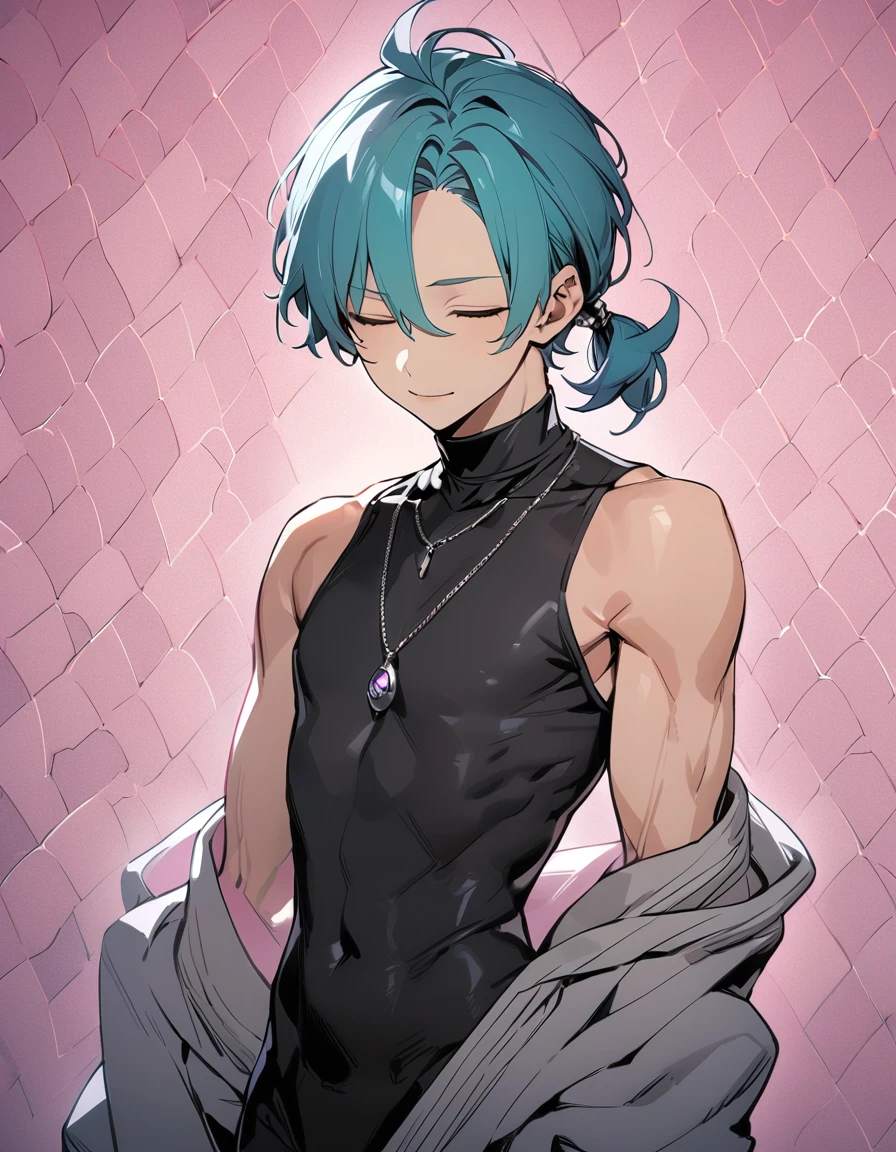 ((((best masterpiece, best quality, wallpaper,)))) solo, guy, male body, small muscles, flat chest, 1male, 30 years old, handsome man, upper body, looking at viewers, beautiful detailed, seductive smile, mediumturquoise hair, ((((Lower short ponytail)))), asymmetrical bangs, ((short hair,)) (((light smile, closed eyes, tareme, droopy eyes,))) (((perfect face,))) perfect hands, sharp nose, clear face, black turtleneck, grey cardigan, ((silver piercing, pendant,)) leggings, pink background color ultrasharp, 8K, masterpiece,