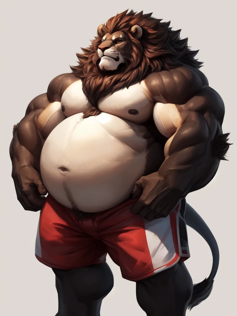 lucusold, lanxus, a man with a huge belly, furry lion, fat ripped , thicc, lowres, giant and fat, danbooru and artstation, heavy detailed, insanely inflated hips, topless, shorts, proportionally enormous arms, fluffy chest, commission for high res, detailed but rough, semirealistoc:1.3