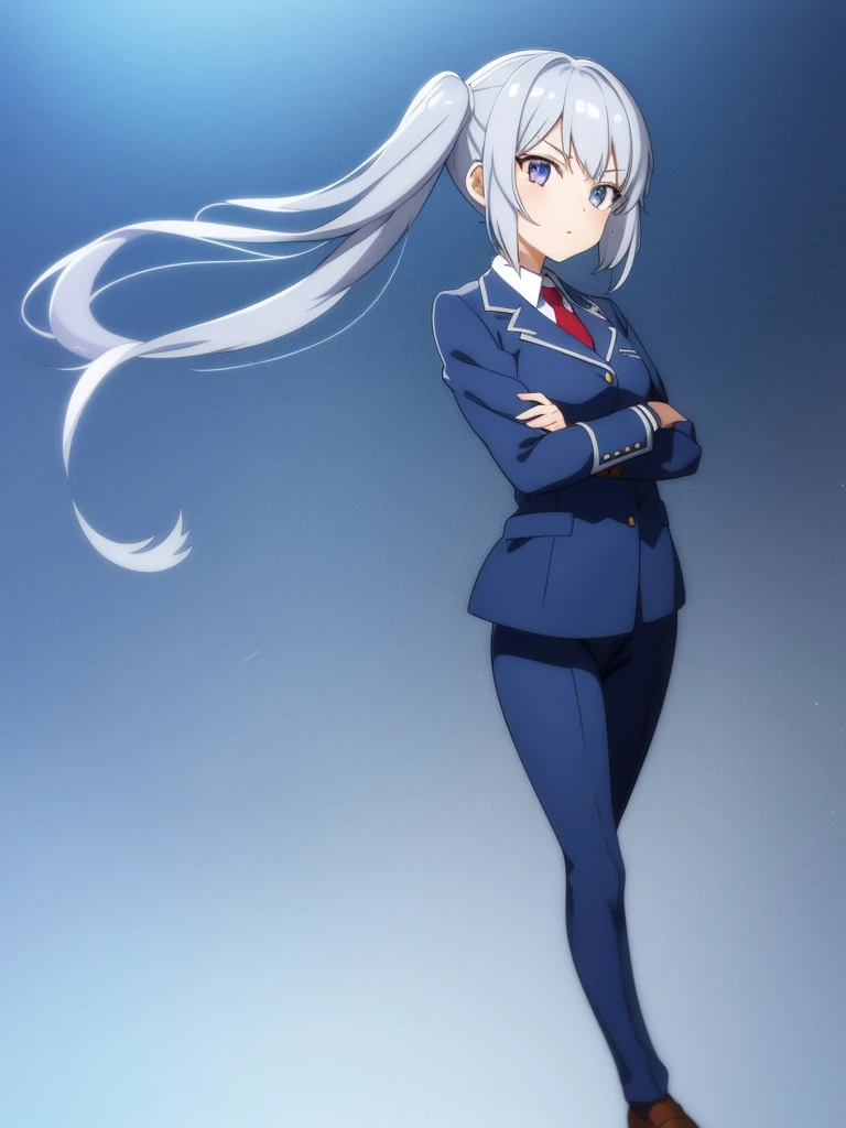 1girl, anime girl, silver hair, long twintails, silver eyes, dark blue school suit, anime wallpaper style