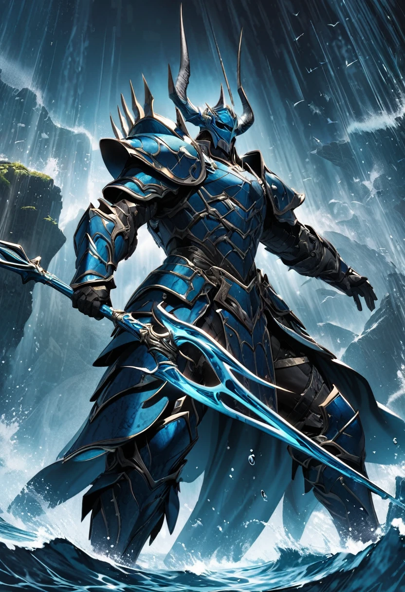 extremely detailed medium armor that is blue & black based off of Poseidon wielding a 2 handed trident surrounded by magical water