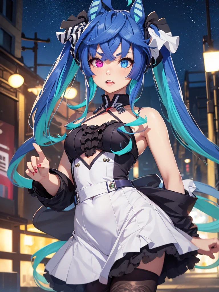 (Masterpiece, best quality, high res、highly detailed cg: 1), slut, lipstick、Night town, Twin_Turbo_Umamusume, aqua hair, twintails, heterochromia, purple eyes, blue eyes, sharp teeth, flat chest, hores tails