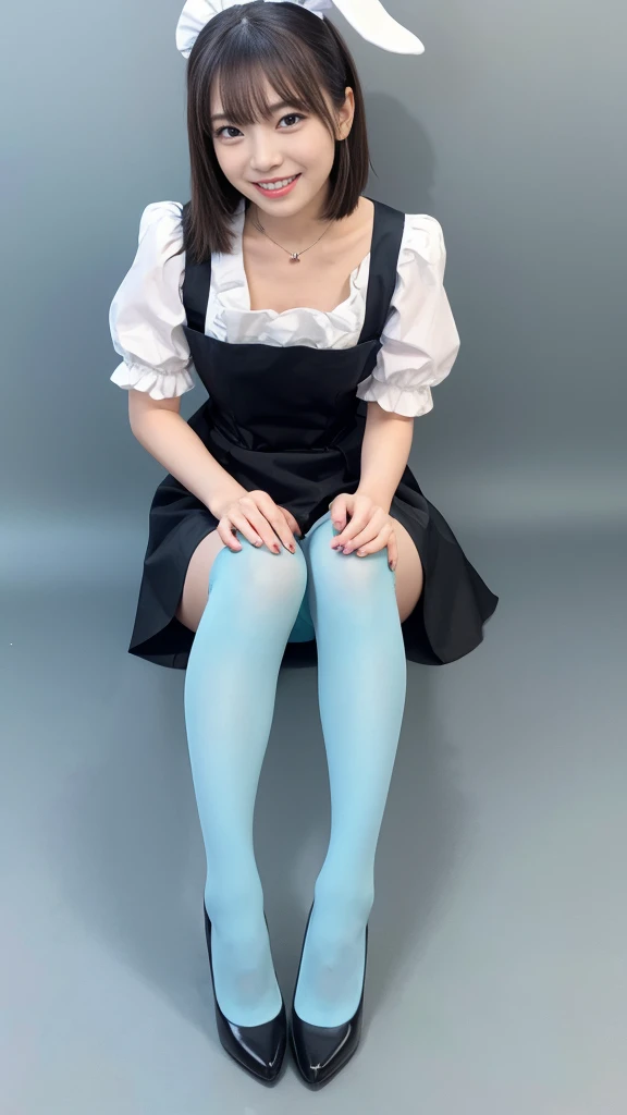  girl in a light blue maid outfit:1.5，Wearing light blue tights:1.5，The best smile:1.5，Full Body Shot:1.5，Gray background:1.5，Wearing black high heels:1.5，Poop sitting:1.5