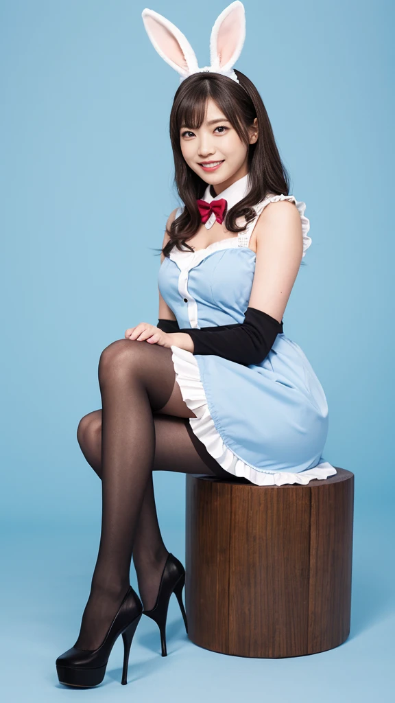 Bunny girl in a light blue maid outfit:1.5,Wearing light blue tights:1.5,The best smile:1.5,Full Body Shot:1.5,Gray background:1.5,Wearing black high heels:1.5,Poop sitting:1.5