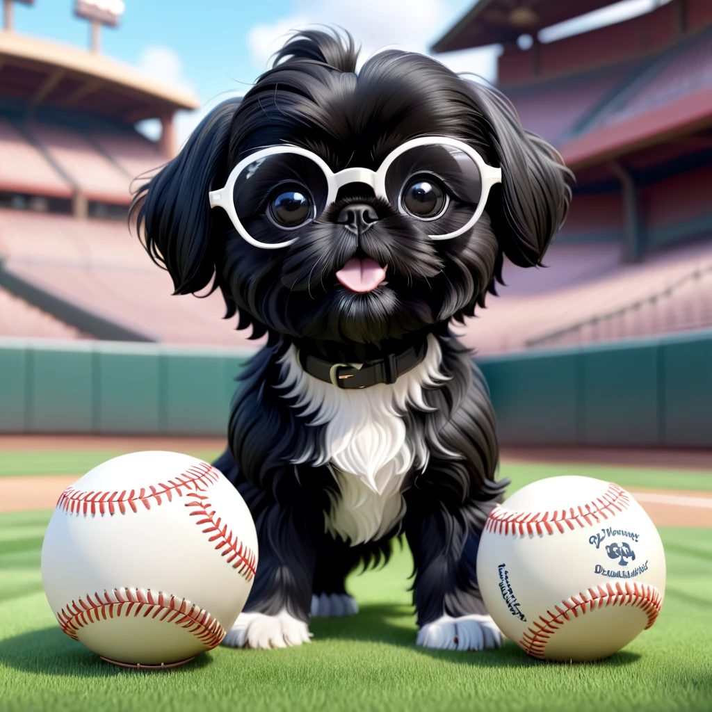 2 Adorable small black Shih Tzu puppies wearing white and black glasses playing baseball Disney background 3d cartoon 3d render disney pixar style