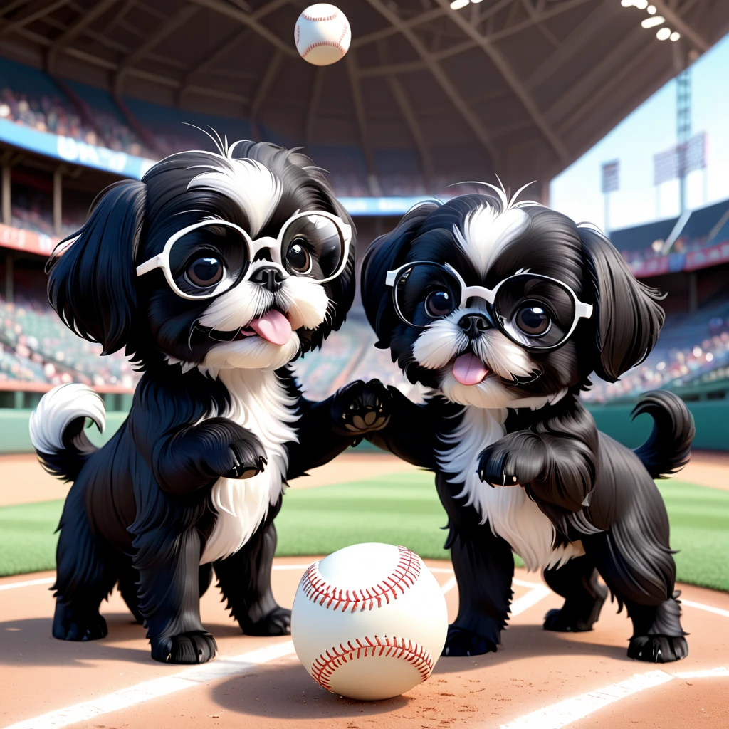2 Adorable small black Shih Tzu puppies wearing white and black glasses playing baseball Disney background 3d cartoon 3d render disney pixar style