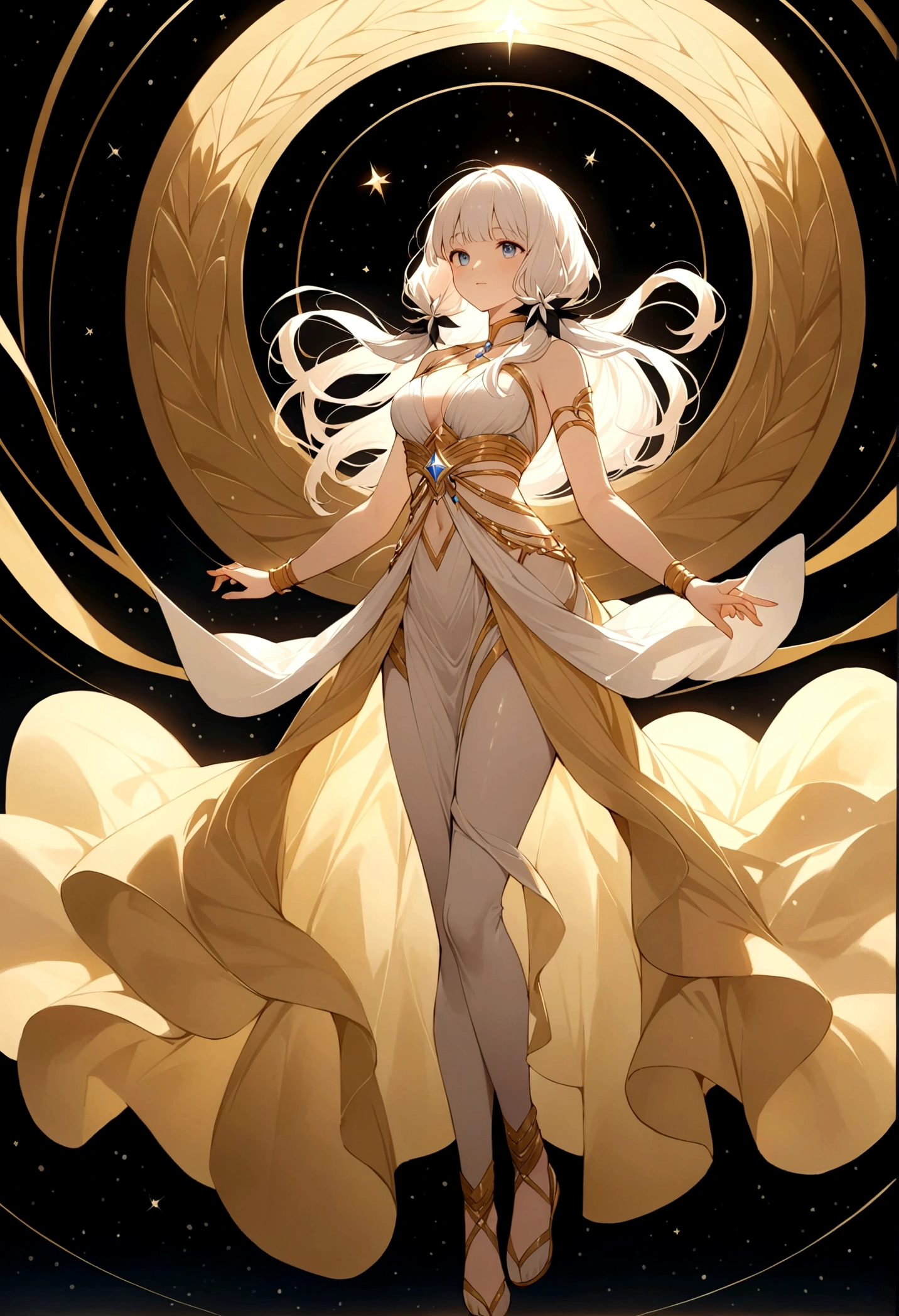 (masterpiece、highest quality、High resolution、8K)、Alone in space、Greek Goddess、Standing posture、whole body、Super beautiful、(Floating in the sky like a star、Floating、Floating)、Golden light envelops the whole body、whole bodyが光の中にある、