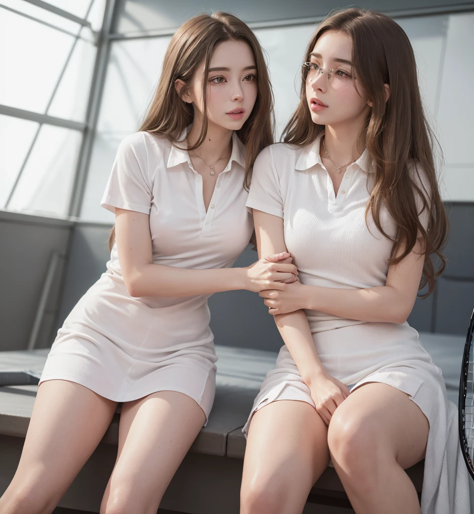 (Full Body Photo), 8k, FHD, ((Ultra Res)) (Real Face: 1.2), (Light and Vivid Colors) (Real Skin Texture), (Masterpiece), (Best Quality), (Natural Skin , soft and pale), (very straight white brown hair that shows one ear). (bright, vibrant, detailed gray eyes). (Expressive eyes with extreme details), (White glasses), ((White collar shirt, Tennis uniform, purple minidress, tennis court, Sweatband, sports shoes, Standing (pretty face), (Perfect lips).. ( Defined body), (Perfect beauty), (Perfect nose), (Thin and light eyebrows), (Beautiful and perfect beauty, not exaggerated), (Subtle sensual makeup), (Pale, soft and smooth skin), (Beautiful model) , young and cute), (nerdy appearance), (soft curves), slim face, ((detailed facial features)), beautiful woman, stunning views, perfect legs, rich upper class, silky soft hair, full body view , full body view, detailed clothing, showing her physical attributes, mariianaa19 from Onlyfans woman and a man loving each other a couple touching their breasts