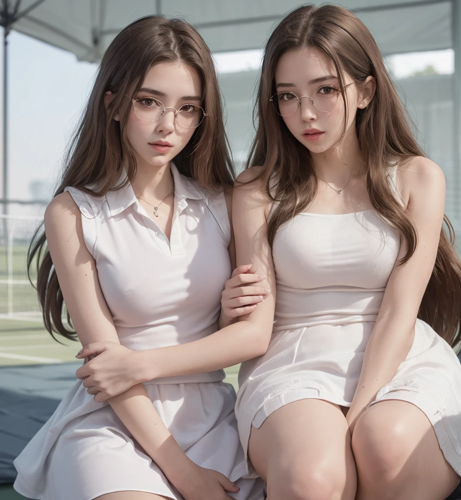 (Full Body Photo), 8k, FHD, ((Ultra Res)) (Real Face: 1.2), (Light and Vivid Colors) (Real Skin Texture), (Masterpiece), (Best Quality), (Natural Skin , soft and pale), (very straight white brown hair that shows one ear). (bright, vibrant, detailed gray eyes). (Expressive eyes with extreme details), (White glasses), ((White collar shirt, Tennis uniform, purple minidress, tennis court, Sweatband, sports shoes, Standing (pretty face), (Perfect lips).. ( Defined body), (Perfect beauty), (Perfect nose), (Thin and light eyebrows), (Beautiful and perfect beauty, not exaggerated), (Subtle sensual makeup), (Pale, soft and smooth skin), (Beautiful model) , young and cute), (nerdy appearance), (soft curves), slim face, ((detailed facial features)), beautiful woman, stunning views, perfect legs, rich upper class, silky soft hair, full body view , full body view, detailed clothing, showing her physical attributes, mariianaa19 from Onlyfans woman and a man loving each other a couple touching their breasts