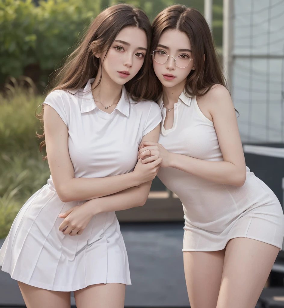 (Full Body Photo), 8k, FHD, ((Ultra Res)) (Real Face: 1.2), (Light and Vivid Colors) (Real Skin Texture), (Masterpiece), (Best Quality), (Natural Skin , soft and pale), (very straight white brown hair that shows one ear). (bright, vibrant, detailed gray eyes). (Expressive eyes with extreme details), (White glasses), ((White collar shirt, Tennis uniform, purple minidress, tennis court, Sweatband, sports shoes, Standing (pretty face), (Perfect lips).. ( Defined body), (Perfect beauty), (Perfect nose), (Thin and light eyebrows), (Beautiful and perfect beauty, not exaggerated), (Subtle sensual makeup), (Pale, soft and smooth skin), (Beautiful model) , young and cute), (nerdy appearance), (soft curves), slim face, ((detailed facial features)), beautiful woman, stunning views, perfect legs, rich upper class, silky soft hair, full body view , full body view, detailed clothing, showing her physical attributes, mariianaa19 from Onlyfans woman and a man loving each other a couple touching their breasts