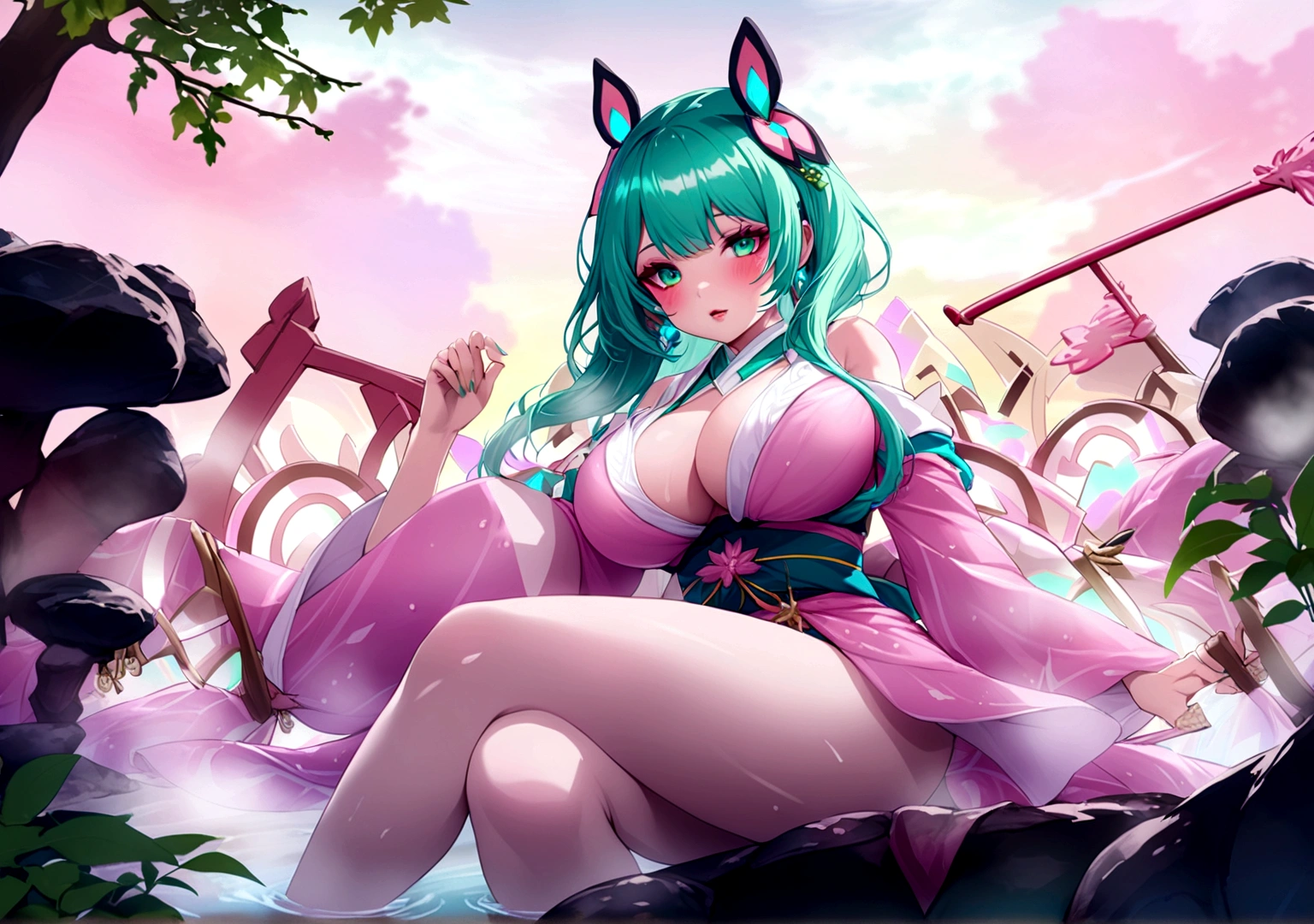 Beautiful girl mint green hair huge breasts wearing a bare-chested pink kimono sit with your legs crossed in the onsen.