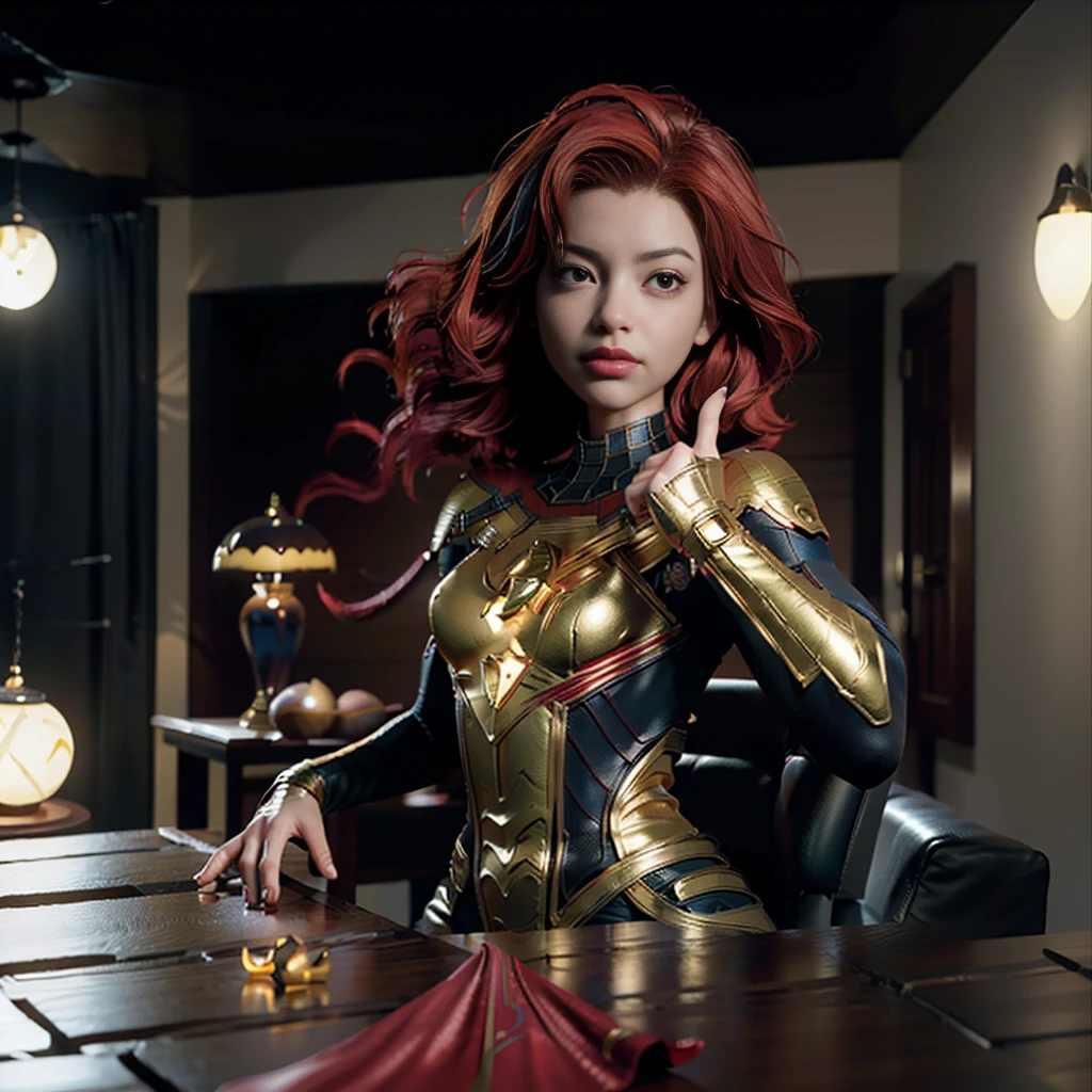 (Extreme Detail CG Unity 8K wallpaper, masterpiece, highest quality), (Exquisite lighting and shadow, highly dramatic picture, Cinematic lens effect), a girl in a Golden blue Spider-Man costume, red hair color, from the Spider-Man parallel universe, Wenger, Marvel, Spider-Man, sitting on the couch, dynamic pose), (excellent detail, excellent lighting, wide angle), (excellent rendering, enough to stand out in its class), focus on white Spider-Man costumes, complex spider textures