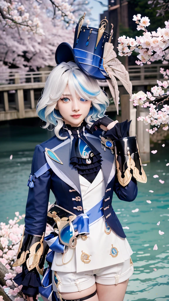 masutepiece, Best Quality, Ultra-detailed, glistening shiny, Glowing light, Ray tracing, nffsw, deph of field,Raw photo、realisitic、8K、 (Perfect face, Detailed face, Detailed eyes,Perfect hands),(medium boobs:1.2),8K,hard disk,An ultra - realstic face,Ray tracing,Perfect Lighting,Best Quality, Ultra-detailed, shiny eyes, (Looking at Viewer,Smile with open mouth:1.1), ((1girl in)), (maturefemale:1.4),Cowboy Shot,thighs thighs thighs thighs,POV,
Furina,Long hair,((Gradient Hair)),multicolored eyes, Gradient Eyes, (Glowing eyes:1.5), mascara, (fashion make up), Parted lips,blush,Shirt, gloves, Long sleeves, hat,Jewelry,Jacket, White shirt, flower,Shorts, Black Gloves,ascot, Thigh strap, Blue jacket, brooches, Pedras preciosas, blue headwear, blue flower, White shorts, hat flower, Blue Rose, Inclined hat, blue gemstone, Blue Ascot
((In the middle of the Japan countryside,Japan Bridge,Across the bridge,River,cherry trees,Cherry blossom petals,Dark blue sky,Sichuan carp)),(Complex background, Many elements of the background:1.2),((hyper detailed background)), Mistress pose, ((8K Wallpaper)),