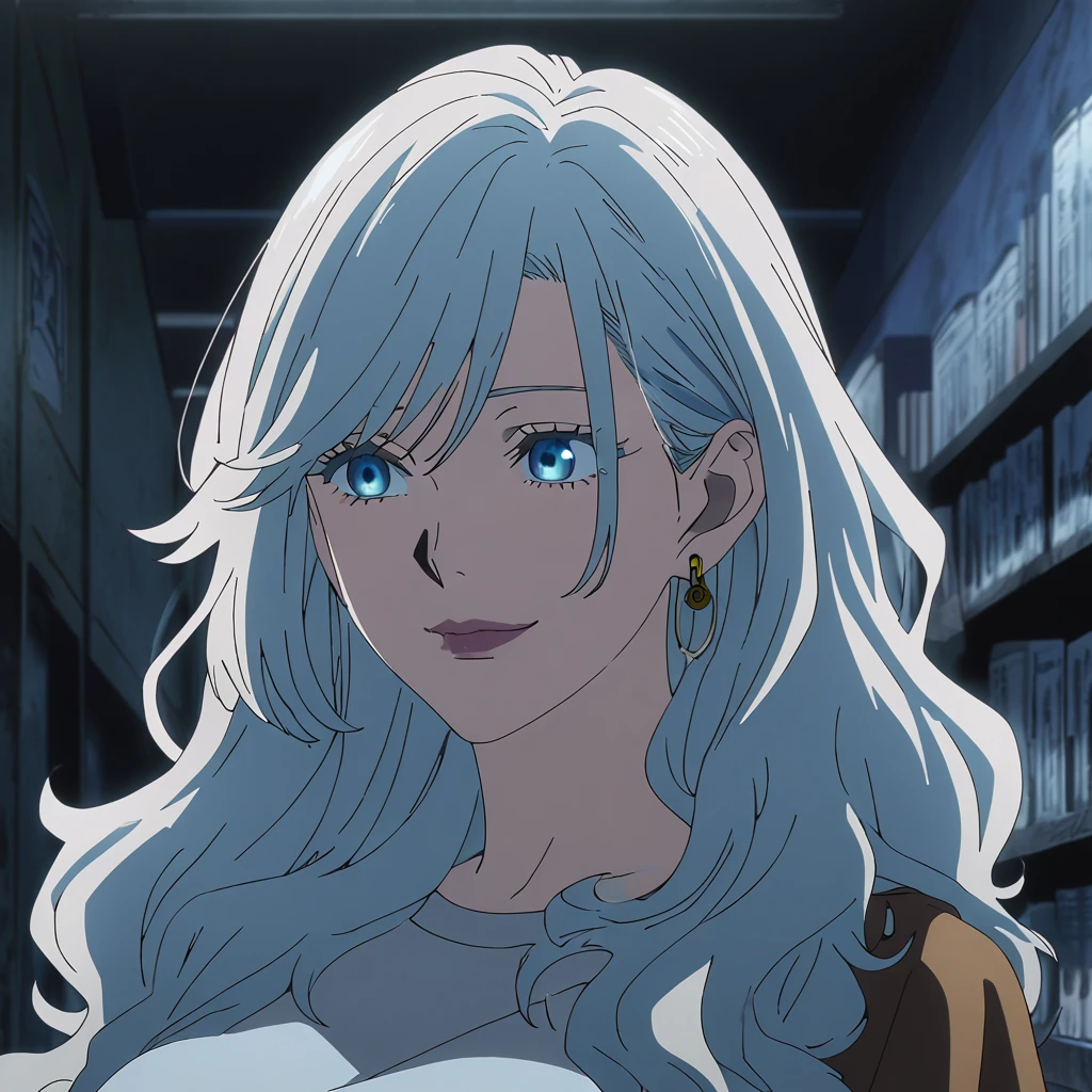 1girl, female gojo satoru, anime screencap from jujutsu kaisen, gojo satoru female version, solo, long_hair, blue eyes ((White_hair, wavy hair)), night view, (hanging breasts) upper_body, smile, indoors, book, blue_eyes, lips, (slightly wavy hair) ((wearing casual outfit)) breast, "very detailed and high resolution" (blue eyes) ((shoulder length wavy hair)) ((solo)) (front view) (earings) ((high resolution)) ((good quality)) ((swept bangs)) (wearing round sunglasses))
