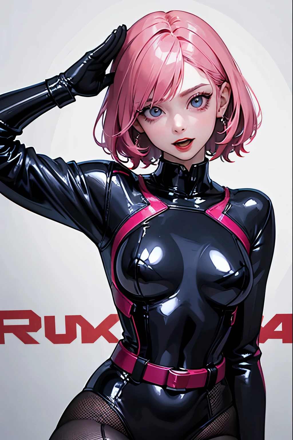(highest quality:1.2), a 20-years-old girl is saluting, front view , connected to machines with many wires, looking up the ceil, a photorealistic cute gymnast, beautiful face, European face like a doll, heavily make-up face, pale face, open mouth with brutal smile, blank eyes with heavy dark eyshadow, dark blue eyeline, dark bloody-red lip with cruel smile, soul-less face with no emotion, Short-cut pink hair, upper body portrait above the knees, wearing long sleeve latex leotard,tight-fitting and extra shiny black leotard, wearing fishnet bodysuits, wearing red belt