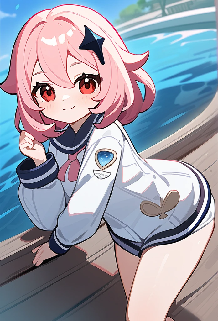 Genshin impact art styles, Pink hair, thick twintails, red eyes, swimming club, smile with lively, Beautiful hot pink accessories and paimon's uniform,paimon