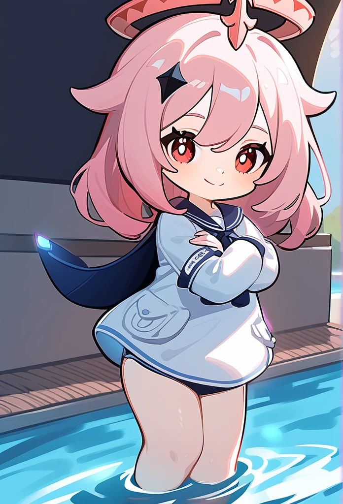 Genshin impact art styles, Pink hair, thick twintails, red eyes, swimming club, smile with lively, Beautiful hot pink accessories and paimon's uniform,paimon