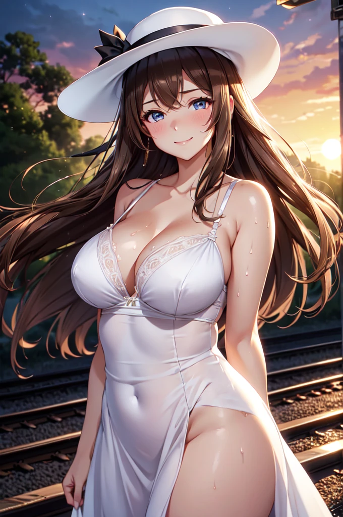 satin, silk, black, bra, (High quality, High resolution, Fine details), setting sun, Backlight, A straight stretch of railroad track, White Dress, White Hat, solo, curvy women, light brown hair, sparkling eyes, (Detailed eyes:1.2), smile, blush, Sweat, Oily skin, shallow depth of field, Fantastic