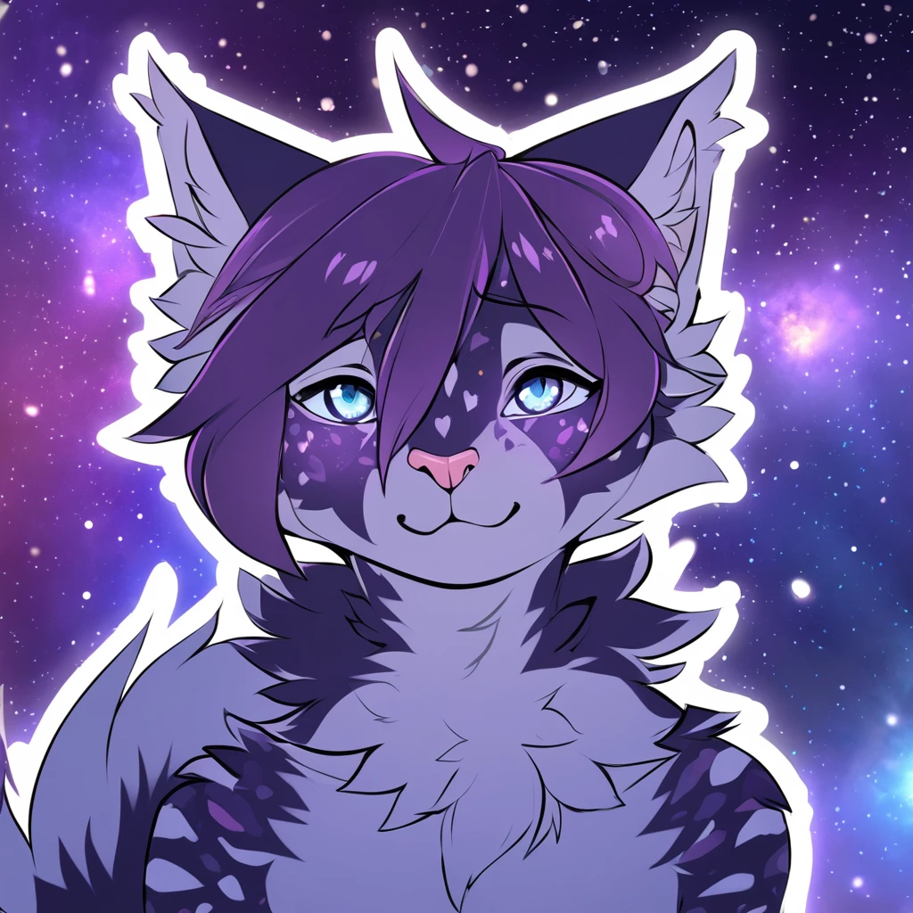 adult, feline, mammal, anthro, anthromorphic, cat, striped, fur, furred_anthro, femboy, male, dark_blue, ear_tufts, paws, hair_tuft, hair_between_eyes, long_tail, fluffy, expressive_eyes, purple_hair, light, galaxy_fur, looking_at_viewer, light_blue_chest, shy, small_pupils, spotted_pattern, stripes, digital_art, high_resolution, high_res, background shy, head_visible, neck_visible, profile_picture, seductive_face, galaxy_background, white_outline