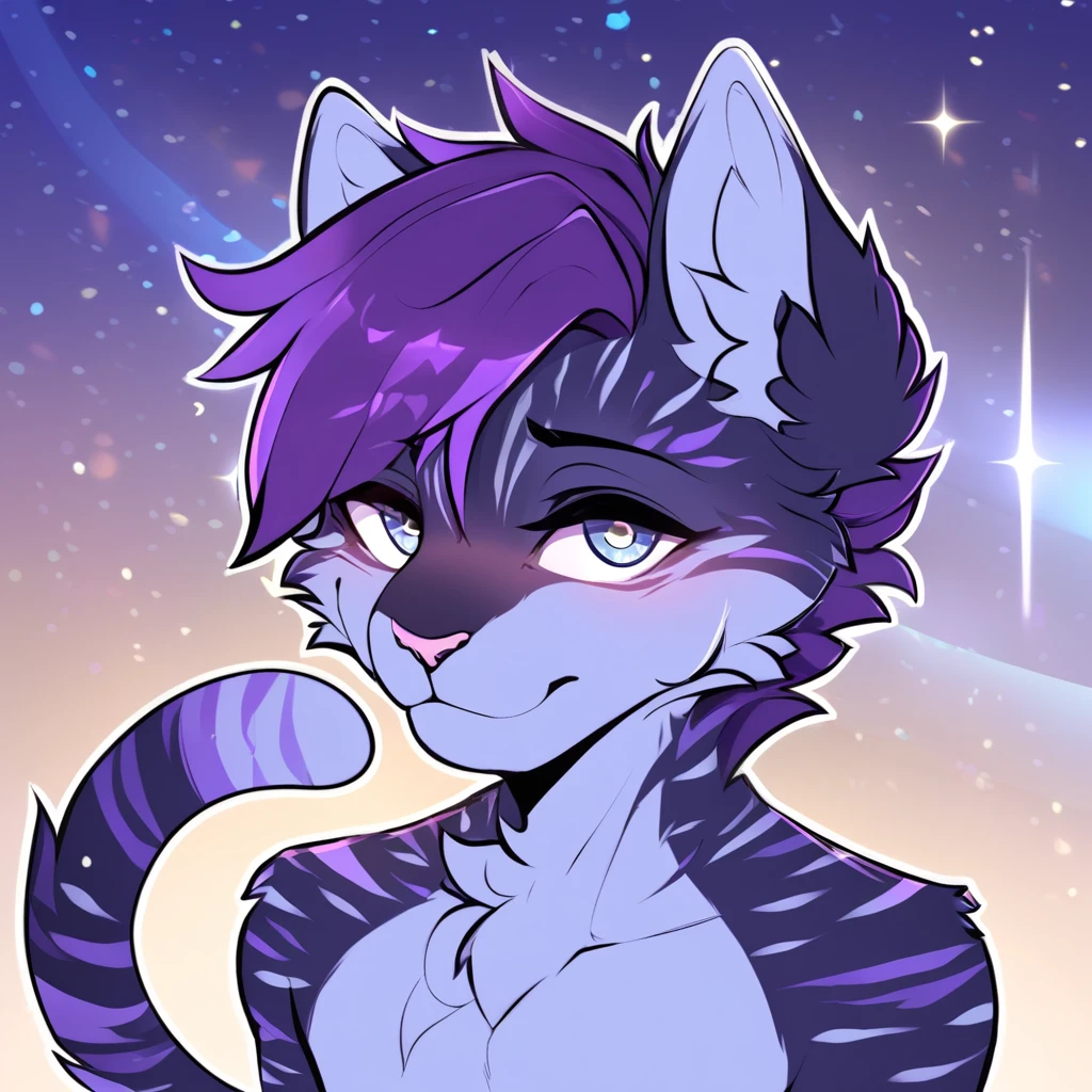 adult, feline, mammal, anthro, anthromorphic, cat, striped, fur, furred_anthro, femboy, male, dark_blue, ear_tufts, paws, hair_tuft, hair_between_eyes, long_tail, fluffy, expressive_eyes, purple_hair, light, galaxy_fur, looking_at_viewer, light_blue_chest, shy, small_pupils, spotted_pattern, stripes, digital_art, high_resolution, high_res, background shy, head_visible, neck_visible, profile_picture, seductive_face, galaxy_background, white_outline
