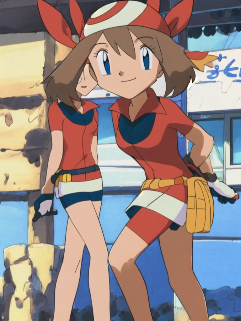 Kari Kamiya from Digimon_Adventure_02, tall and athletic body, short chin length hair, square bob haircut, brown hair, brown eyes, hairclip that pulls left side of her hair, smile, looking at viewer, slender, wide hips, masterpiece, high quality, detailed, perfect lighting, medium shot, yellow shorts, pink sleeveless top, pink elbow fingerless opera gloves with an oval cut from the top of the palms