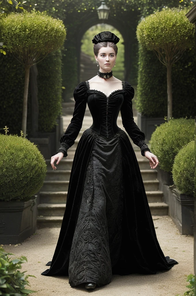 fantchar,a 1800's victorian era queen dressed in an black gown and walking through an elaborate garden, realistic, highly detailed, intricate