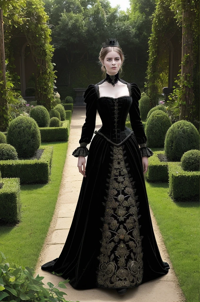 4k hi-res, full body picture, 45 yo blonde woman wearing victorian era black dress, ((extremely detailed dress)), huge breasts, deep neckline, cleavage, ((naturally sagging breasts)), outside a creepy old castle, detailed woods outside surroundings, ((shallow depth of field)), (cinematic lighting), HDR enhancement, realism