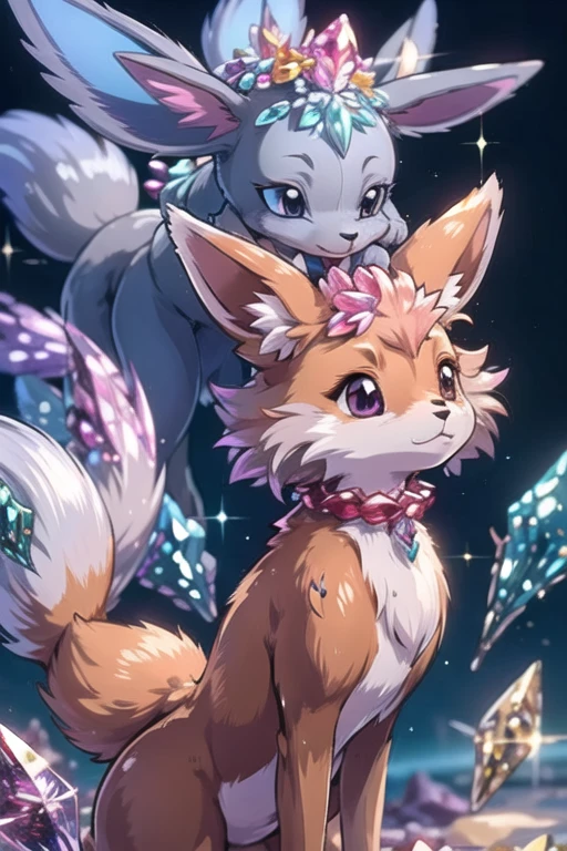 ((best quality)), ((masterpiece)), (detailed), animated purple and grey color fox, purple and grey color crystal fur, crystal shaped tail, large crystal on its head