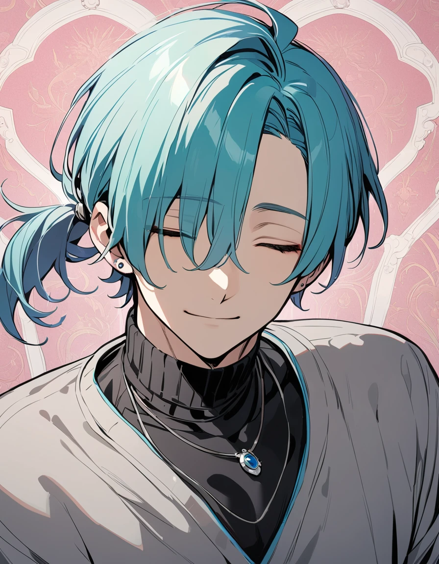 ((((best masterpiece, best quality, wallpaper,)))) solo, guy, male body, small muscles, flat chest, 1male, 30 years old, handsome man, upper body, looking at viewers, beautiful detailed, seductive smile, mediumturquoise hair, ((((Lower short ponytail)))), asymmetrical bangs, ((short hair,)) (((light smile, closed eyes, tareme, droopy eyes,))) (((perfect face,))) perfect hands, sharp nose, clear face, black turtleneck, grey cardigan, ((silver piercing, pendant,)) leggings, pink background color ultrasharp, 8K, masterpiece,