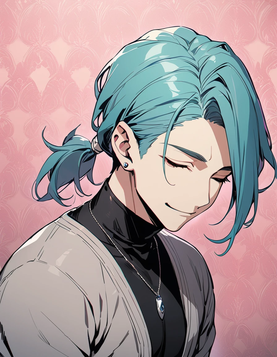 ((((best masterpiece, best quality, wallpaper,)))) solo, guy, male body, small muscles, flat chest, 1male, 30 years old, handsome man, upper body, looking at viewers, beautiful detailed, seductive smile, mediumturquoise hair, ((((Lower short ponytail)))), asymmetrical bangs, ((short hair,)) (((light smile, closed eyes, tareme, droopy eyes,))) (((perfect face,))) perfect hands, sharp nose, clear face, black turtleneck, grey cardigan, ((silver piercing, pendant,)) leggings, pink background color ultrasharp, 8K, masterpiece,