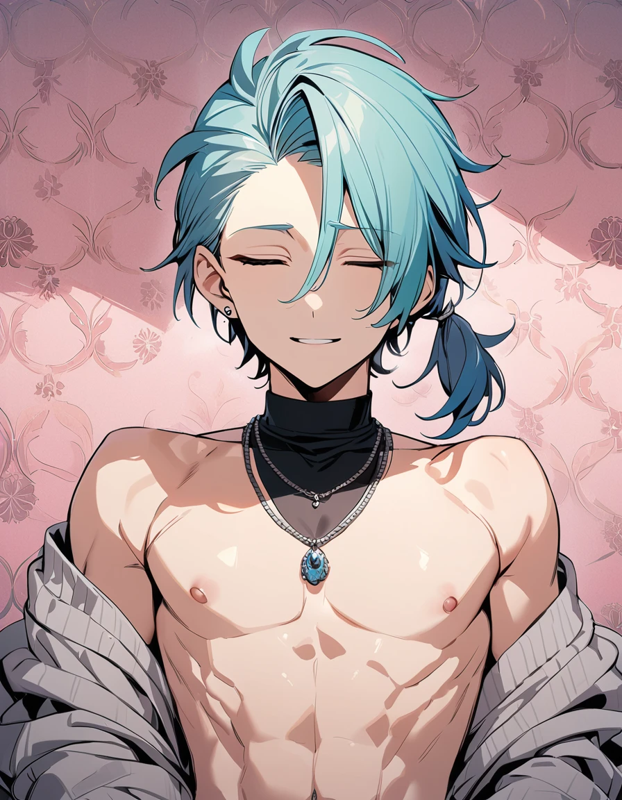 ((((best masterpiece, best quality, wallpaper,)))) solo, guy, male body, small muscles, flat chest, 1male, 30 years old, handsome man, upper body, looking at viewers, beautiful detailed, seductive smile, mediumturquoise hair, ((((Lower short ponytail)))), asymmetrical bangs, ((short hair,)) (((light smile, closed eyes,  tareme, droopy eyes,))) (((perfect face,))) perfect hands, sharp nose, clear face, black turtleneck, grey cardigan, ((silver piercing, pendant,)) leggings, pink background color ultrasharp, 8K, masterpiece,