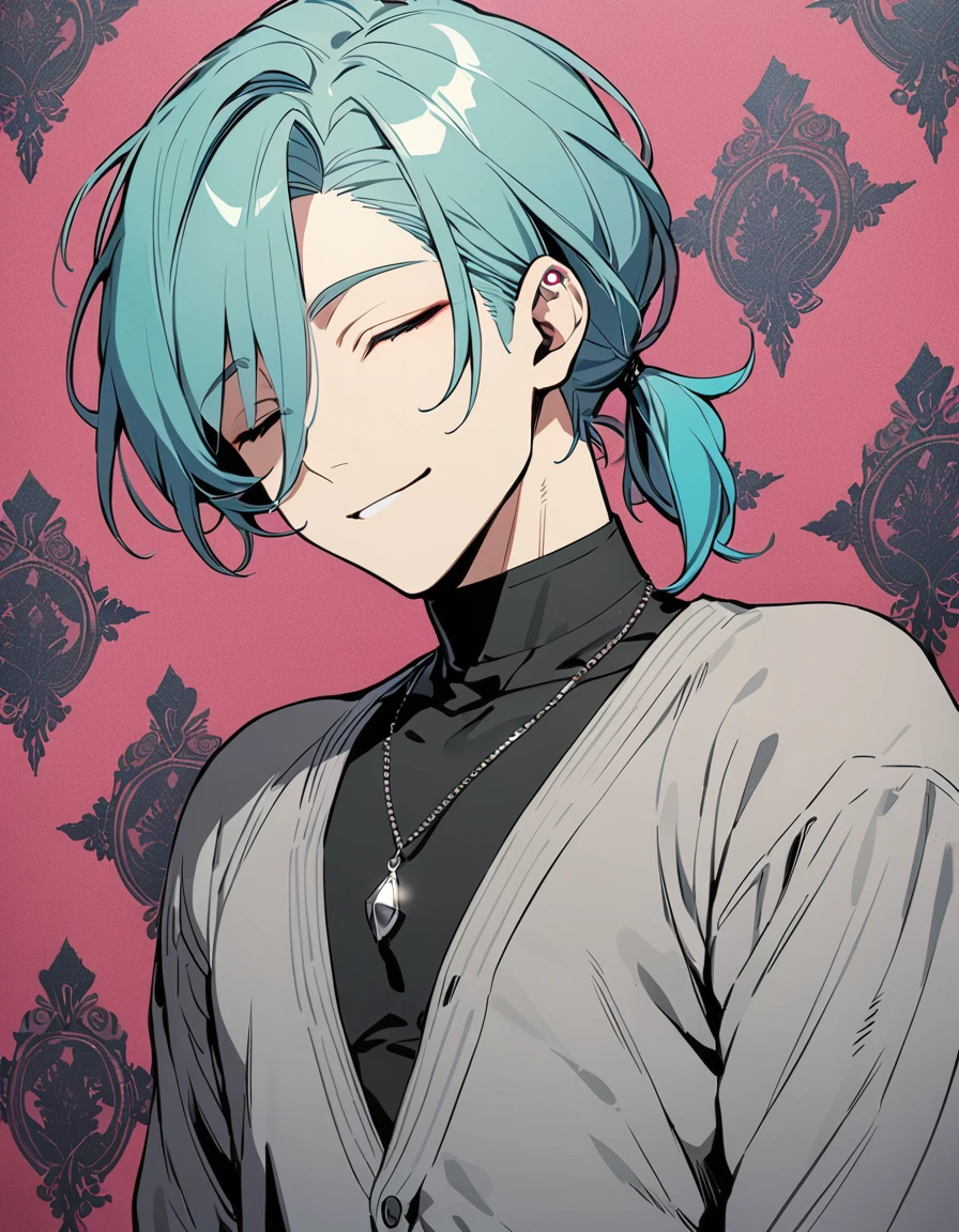 ((((best masterpiece, best quality, wallpaper,)))) solo, guy, male body, small muscles, flat chest, 1male, 30 years old, handsome man, upper body, looking at viewers, beautiful detailed, seductive smile, mediumturquoise hair, ((((Lower short ponytail)))), asymmetrical bangs, ((short hair,)) (((light smile, closed eyes, tareme, droopy eyes,))) (((perfect face,))) perfect hands, sharp nose, clear face, black turtleneck, grey cardigan, ((silver piercing, pendant,)) leggings, pink background color ultrasharp, 8K, masterpiece,