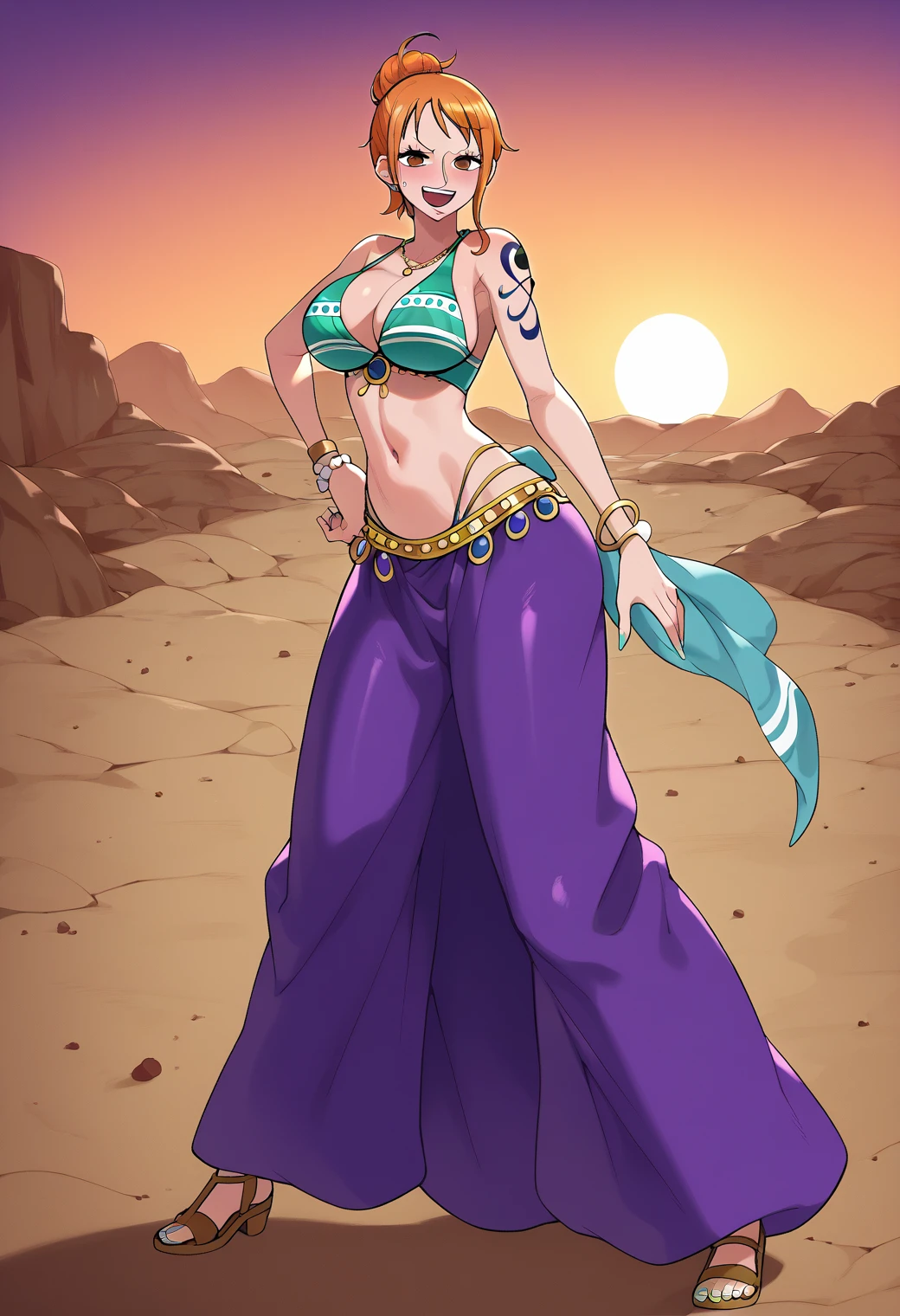 score_9,score_8_up,score_7_up, ,1girl, nami, one piece pre-timeskip, shiny skin, clothed female, wearing , nami, gyaru, full body, seductive moving her hands on shota body,, nasty nami, bitch nami, , desert, miraj, harem clothes, belly dance,live show, public throwing coins, concert, stage, lighting, purple harem clothes,
