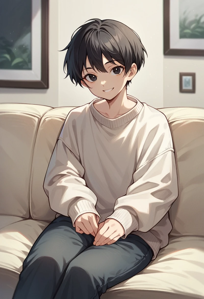 Accurate describe shapes, straight hair, short hair, black hair, black eyes, sweater, pants, oversized clothes, solo, close-up, solo, sitting, sofa, indoors, looking at viewer, smile