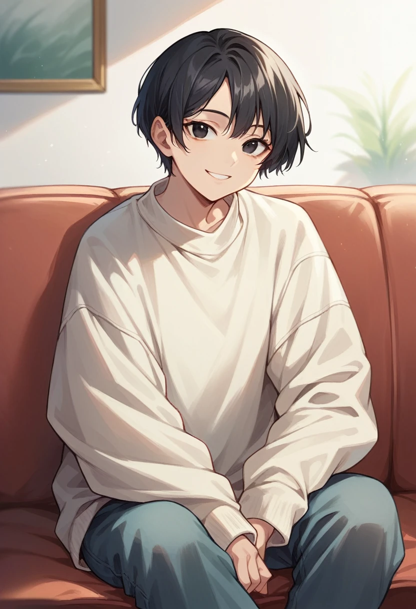 Accurate describe shapes, straight hair, short hair, black hair, black eyes, sweater, pants, oversized clothes, solo, close-up, solo, sitting, sofa, indoors, looking at viewer, smile