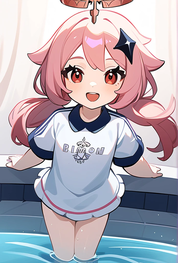 Genshin impact art styles, Pink hair, thick twintails, red eyes, swimming club, smile with lively, Beautiful hot pink accessories and paimon's uniform,paimon