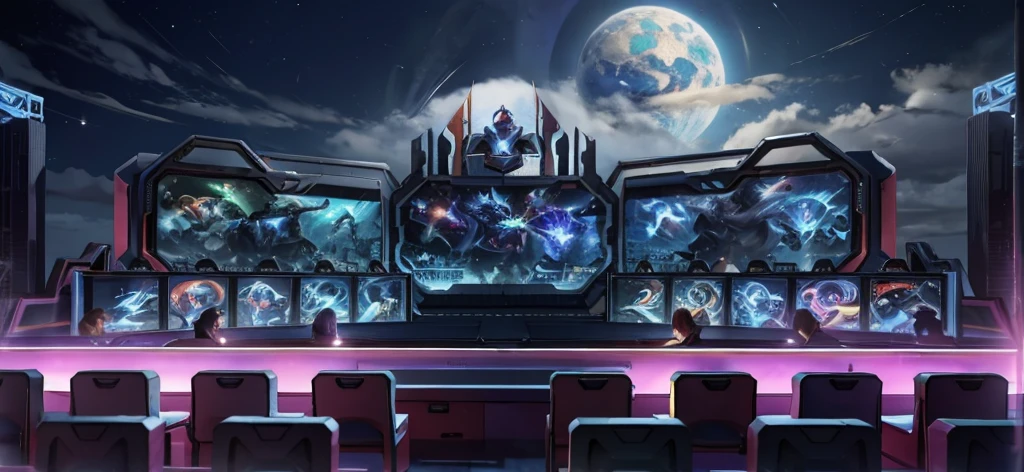 (best quality,4K,high resolution), Design an outdoor stage for the e-sports competition of League of Legends, featuring three large LED screens displaying game characters and two long tables in front. The entire scene is designed to be full of vitality, with blue as its main color tone. There will also be some white chairs arranged around it. On one side of each table there should be several girls sitting down playing games in the style of League of Legends. They look happy while having fun together.