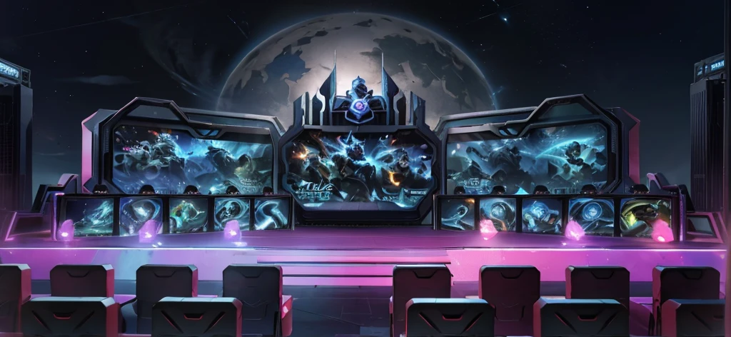 (best quality,4K,high resolution), Design an outdoor stage for the e-sports competition of League of Legends, featuring three large LED screens displaying game characters and two long tables in front. The entire scene is designed to be full of vitality, with blue as its main color tone. There will also be some white chairs arranged around it. On one side of each table there should be several girls sitting down playing games in the style of League of Legends. They look happy while having fun together.