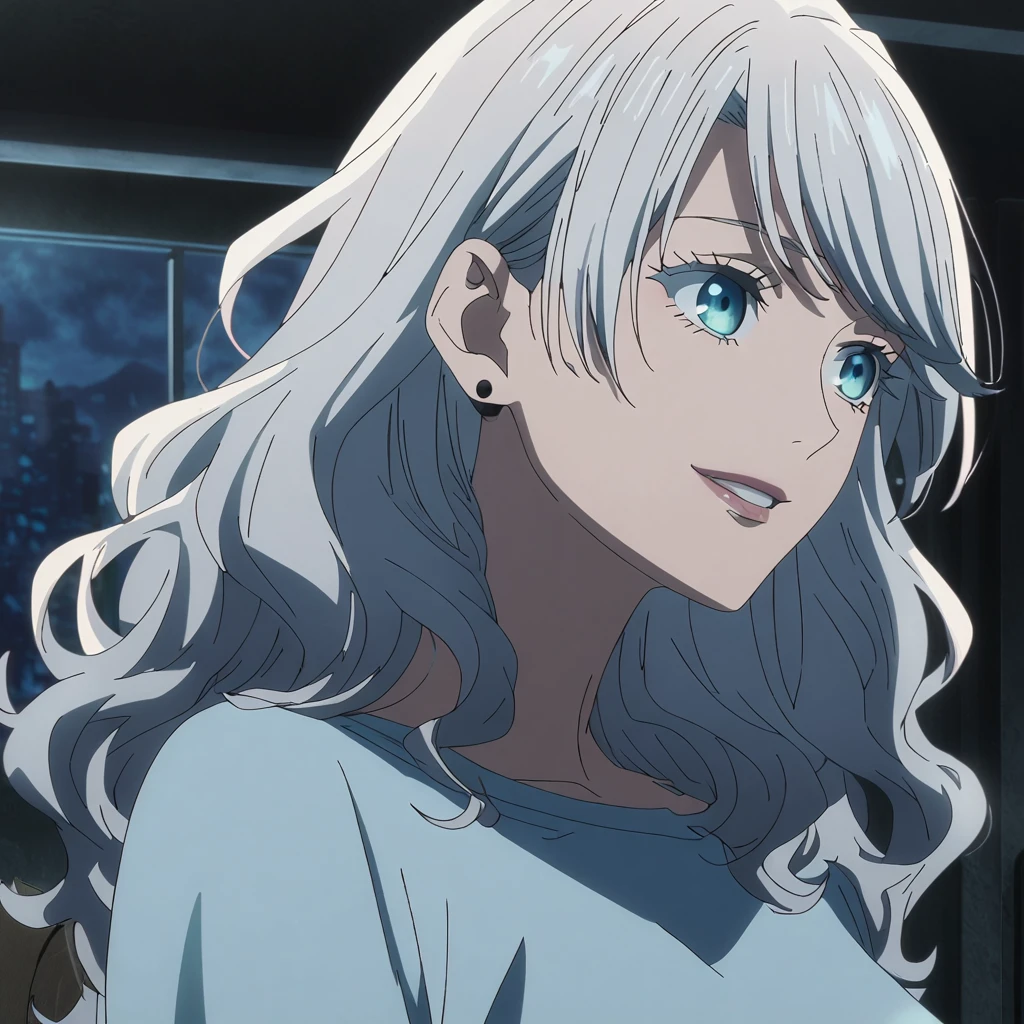 1girl, female gojo satoru, anime screencap from jujutsu kaisen, gojo satoru female version, solo, long_hair, blue eyes ((White_hair, wavy hair)), night view, (hanging breasts) upper_body, smile, indoors, book, blue_eyes, lips, (slightly wavy hair) ((wearing casual outfit)) breast, "very detailed and high resolution" (blue eyes) ((shoulder length wavy hair)) ((solo)) (front view) (earings) ((high resolution)) ((good quality)) ((swept bangs)) (wearing round sunglasses)