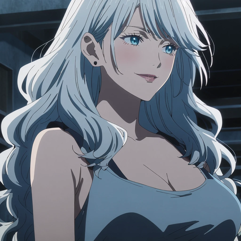 1girl, female gojo satoru, anime screencap from jujutsu kaisen, gojo satoru female version, solo, long_hair, blue eyes ((White_hair, wavy hair)), night view, (hanging breasts) upper_body, smile, indoors, book, blue_eyes, lips, (slightly wavy hair) ((wearing casual outfit)) breast, "very detailed and high resolution" (blue eyes) ((shoulder length wavy hair)) ((solo)) (front view) (earings) ((high resolution)) ((good quality)) ((swept bangs)) (wearing round sunglasses)