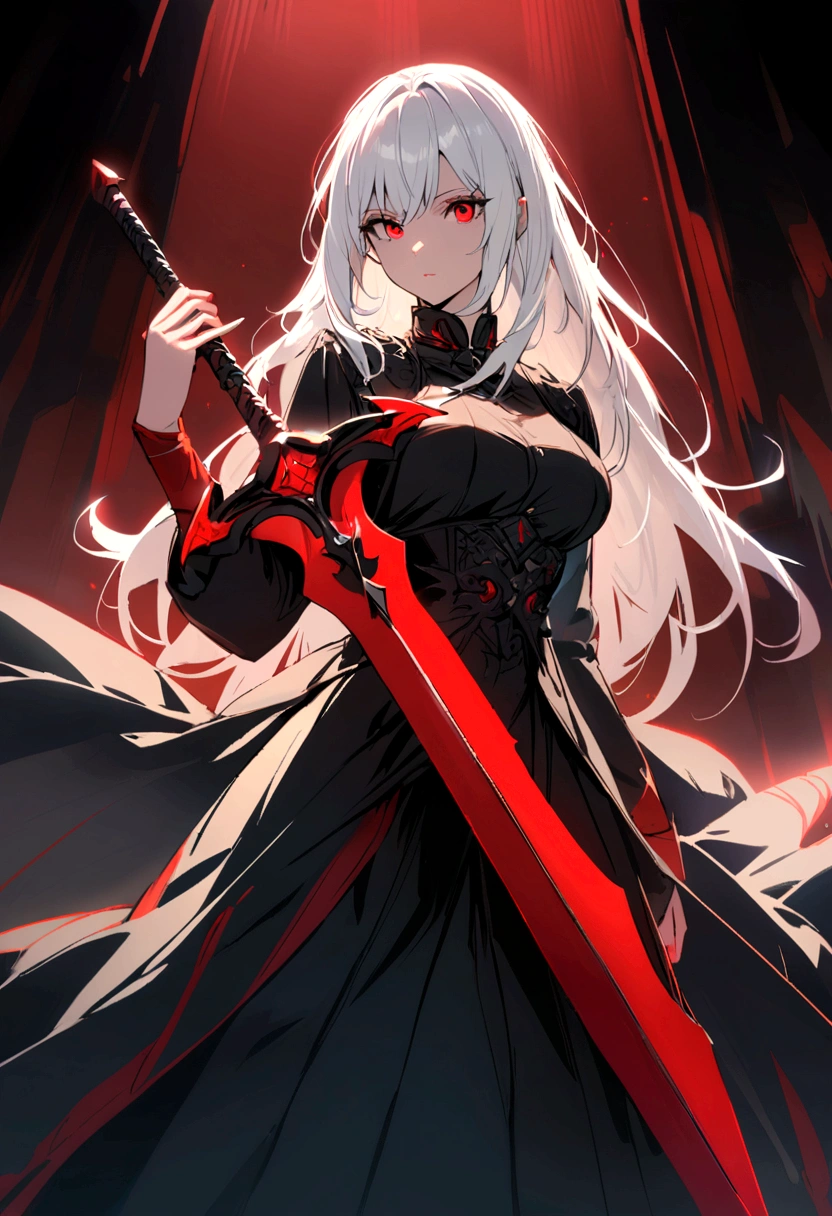 woman with long white hair with red strokes, detailed red eyes, holding a large red sword, with black clothes