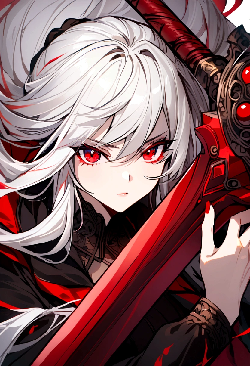 ((masterpiece)), (((best quality))), ((ultra detail)), ((illustration)), ((semi-realistic)), (reflections), sharp focus, front lighting, intense shadows, (beautiful detailed eyes), eyelashes, (extremely delicate and beautiful girl), ((red eye)), silver hair, (jacket), (trousers), long hair, (wielding a katana), ((detailed eyes)), ( cold-blooded), medium chest, shiny skin, cinematic lighting mask, ray tracing, depth of field, dynamic angle, looking at the viewer, ((epic background)), (blood on the face 1.2), (difficulty 1.4)