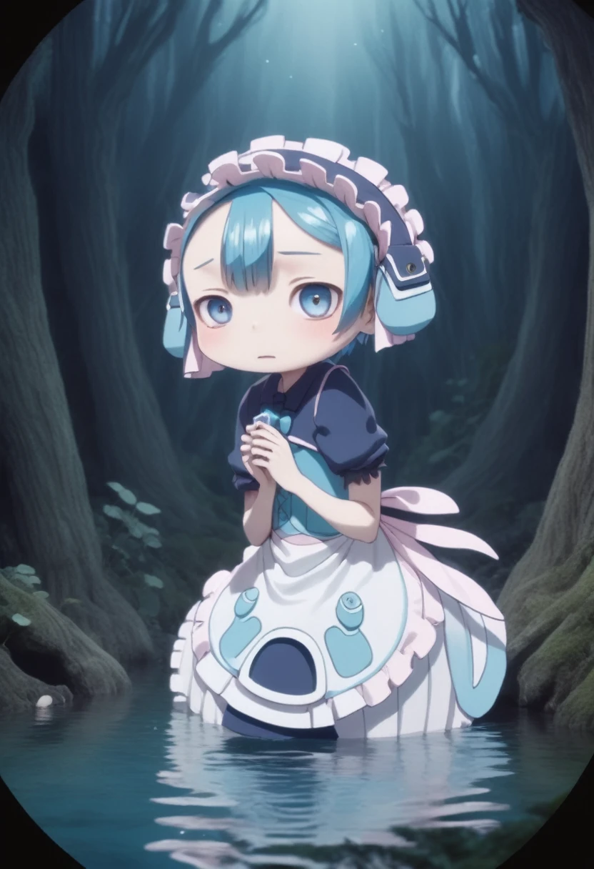 best quality, super fine, 16k, 2.5D, delicate and dynamic depiction, cute androgynous, maid, blue whistle, forest, big deep pit, water, Infinite space, dark fantasy wonderland, zero gravity, cute dark pastel textures, dark pop art effects