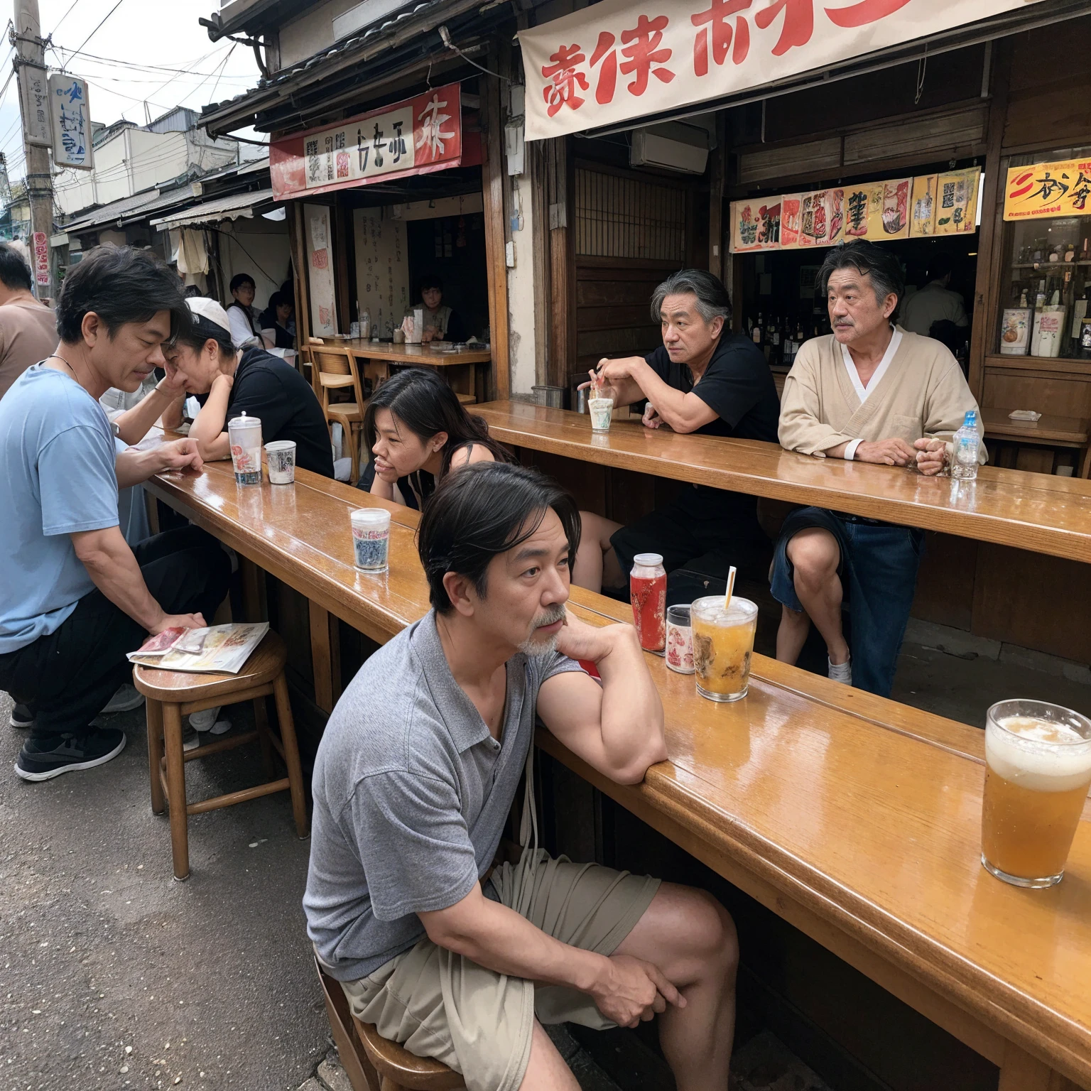 (masterpiece: 1.2, highest quality), snap shot, Japan's poor neighborhoods, Good old Japanese townscape、Poor conditions, (Dirty middle-aged man、Men gathering at a bar)、Dirty and old store、Showa Retro、Playing with friends on the street、Have fun eating and drinking with friends,