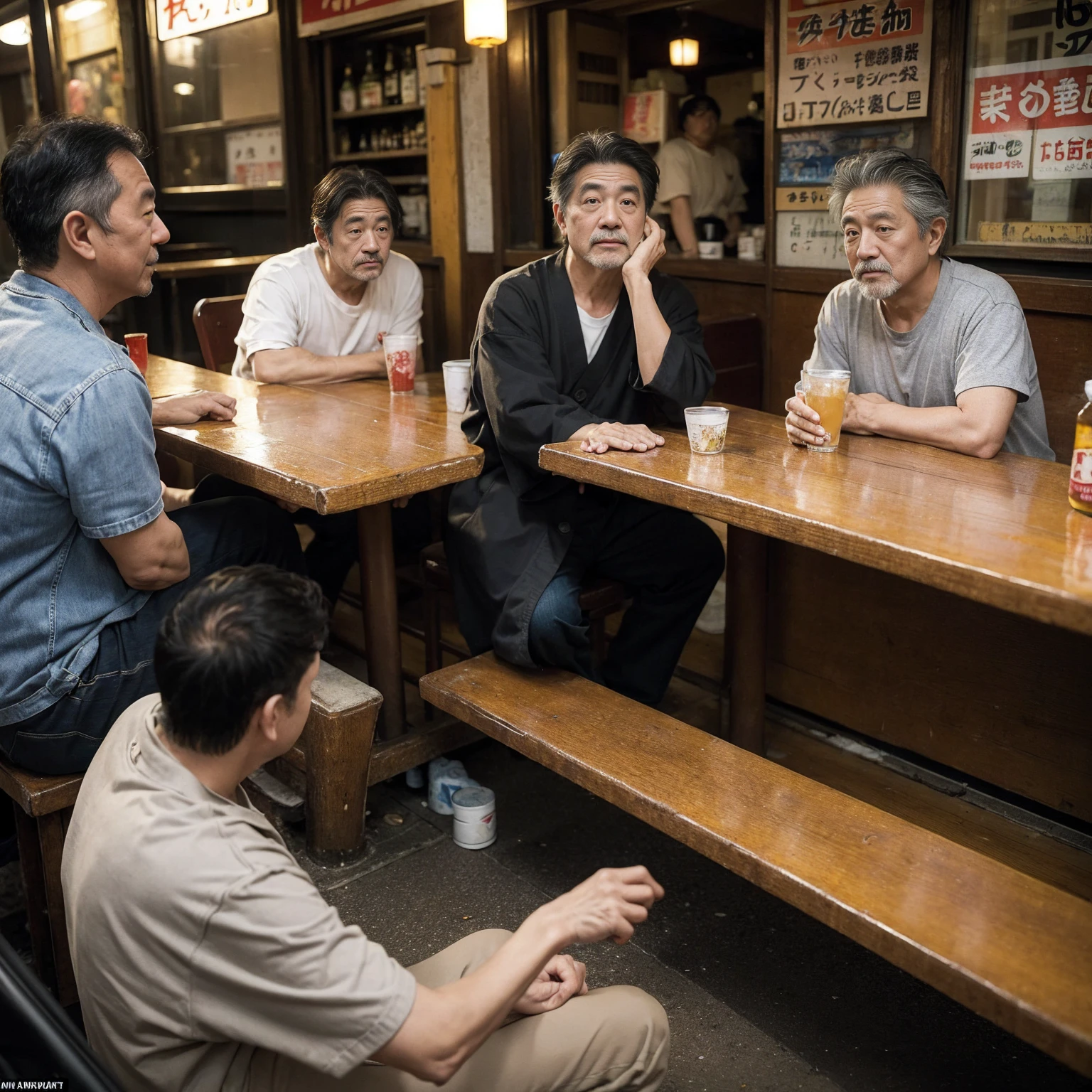 
(masterpiece: 1.2, highest quality), snap shot, Japan's poor neighborhoods, Good old Japanese townscape、Poor conditions, (Dirty middle-aged man、Men gathering at a bar)、Dirty and old store、Showa Retro、Playing with friends on the street、Have fun eating and drinking with friends,