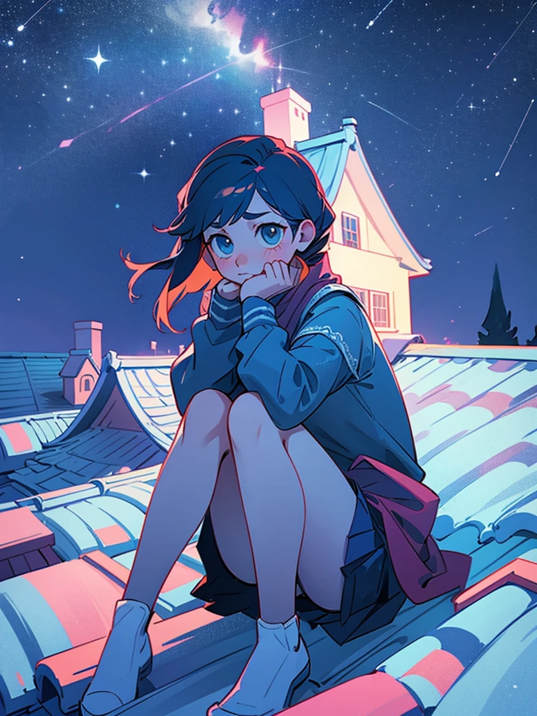 Girl sitting on the roof of a house, clasping your knees with your hands, and looks thoughtfully at the night sky, Star-studded. She&#39;s wearing a cozy sweater and her favorite cat socks.. Nearby there is a mug with still warm cocoa. The camera is located from bottom to top